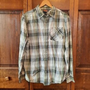 Merrell 100% cotton green brown plaid print button up shirt